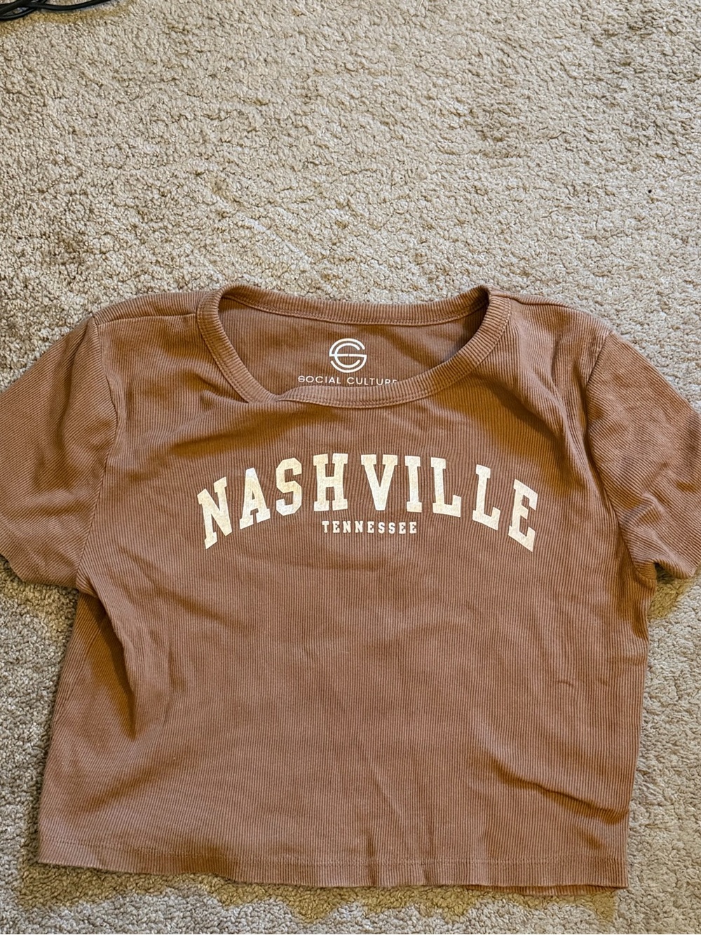 Social Culture "Nashville" Crewneck cropped Tee in Brown